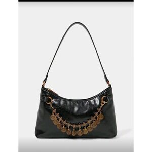 Black Faux Leather Shoulder Bag Coin Charm Boho Evening Bag